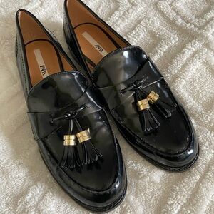 Zara Black Patent Tassel Loafers with Gold Accent